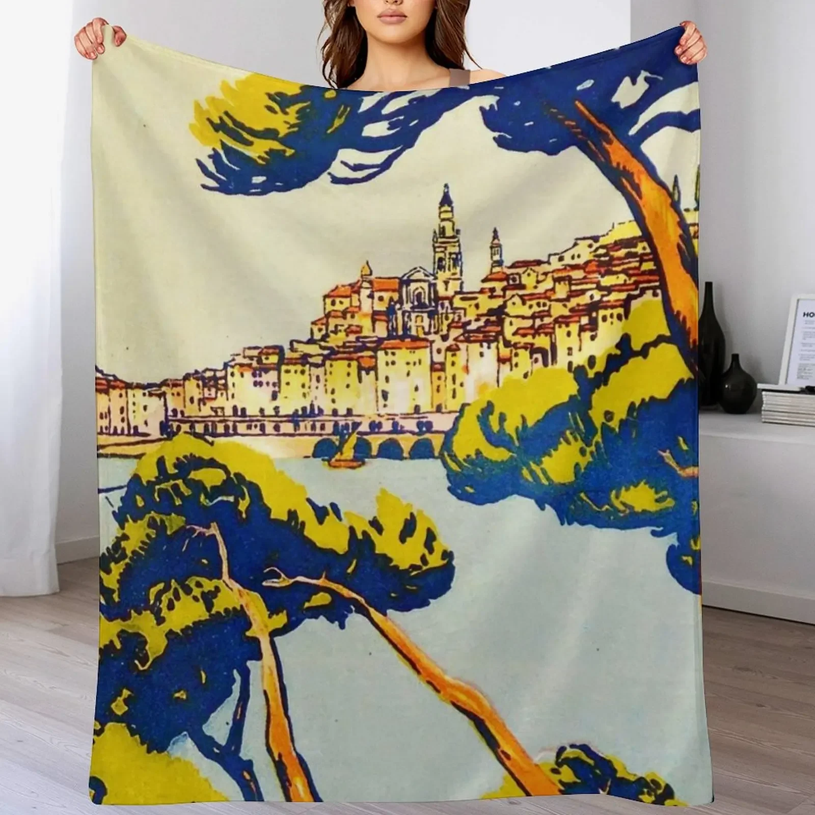 

HD. Menton Vintage Travel Poster by Roger Broders Throw Blanket for sofa valentine gift ideas Luxury St Sofa Throw Blankets