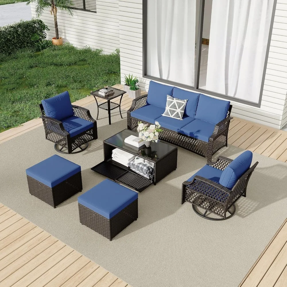 

7 Piece Patio Furniture Set, Wicker Outdoor Conversation Set with Swivel Chairs, 2 Ottomans, Storage Coffee Table, Rattan Outdo