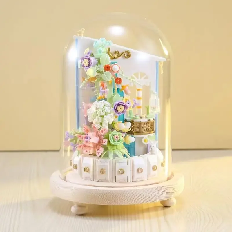 Water Pavilion Blooming Building Block Bouquet immortale Flower Flower Diary pianta in vaso Puzzle Collage regalo per bambini