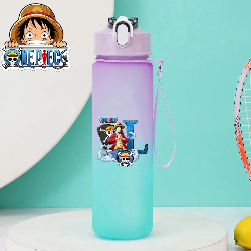 750ML One Piece Water Bottles with Straw Cartoon Anime Pattern Letter A-Z Print Gradient Color Sport Bottle Birthday Party Gifts