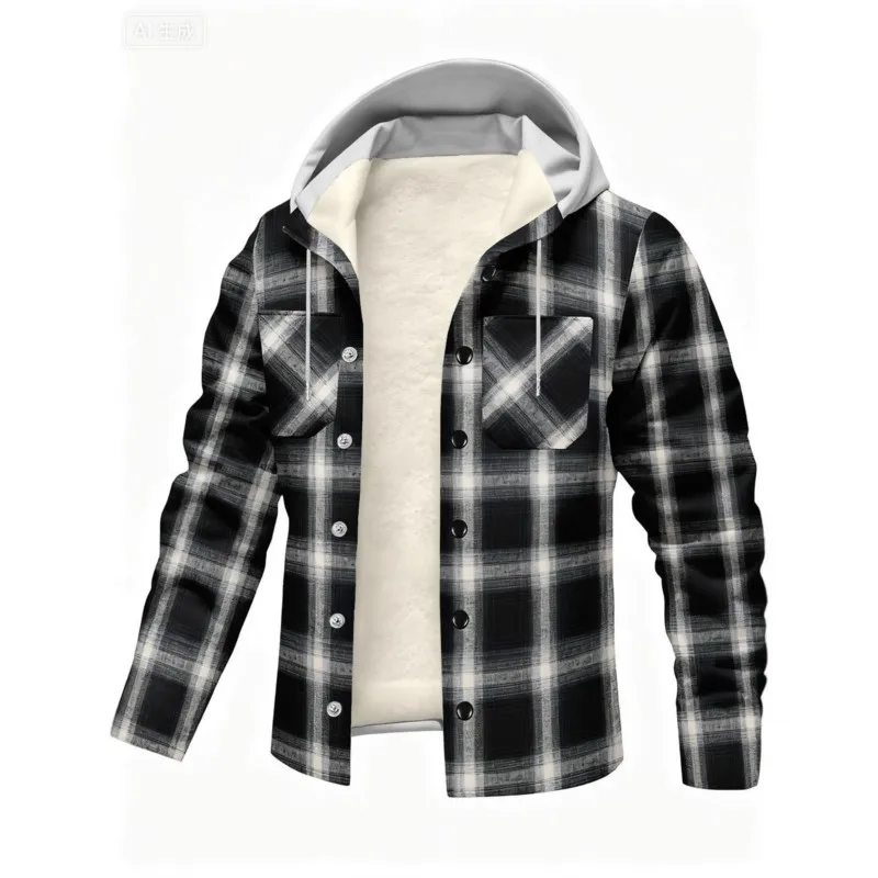 New men's fall winter casual stylish warm hooded sport coat,classic check pattern with fleece fabric, pocketed sport coat gömlek
