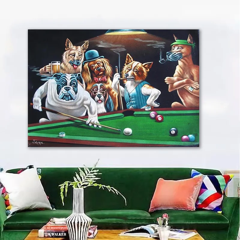 Abstract Funny Animal Dog Playing Poker Billiard Retro Canvas Painting Wall Art Pictures Posters Prints Living Room Home Decor