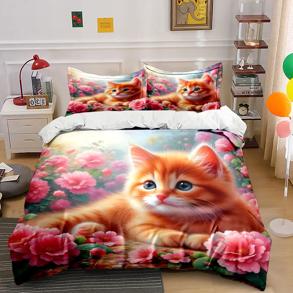 Gentle kitten with pink blossoms Duvet Cover Set with 3D Printing Design Soft Polyester Bedding Set All-Season Comfort