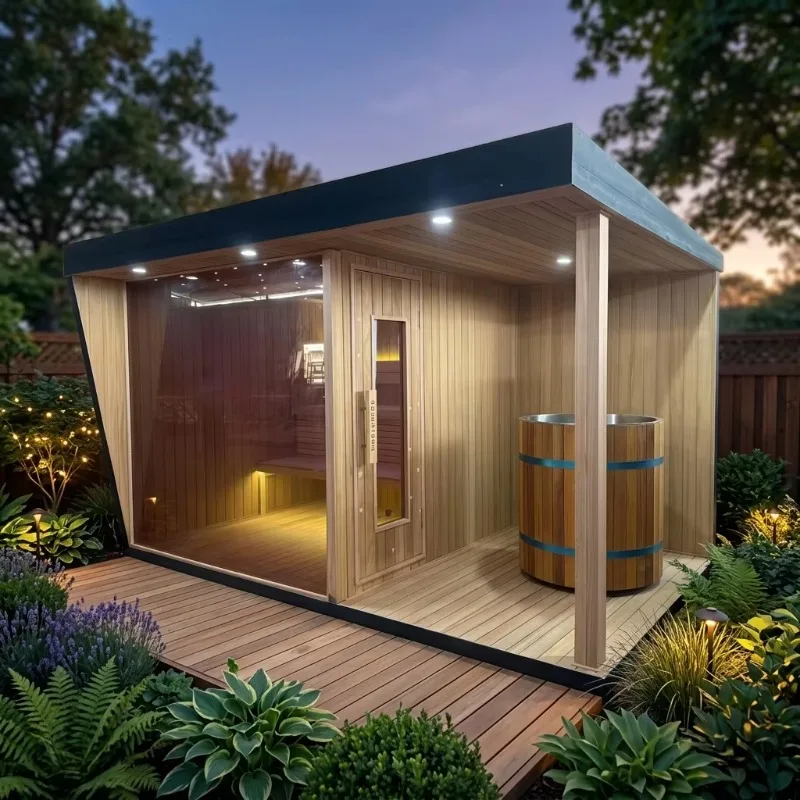 Custom made Outdoor Luxury Electric Sauna & Cold Plunge Ice Bath Combo Unit Solid Wood Construction Modern Design