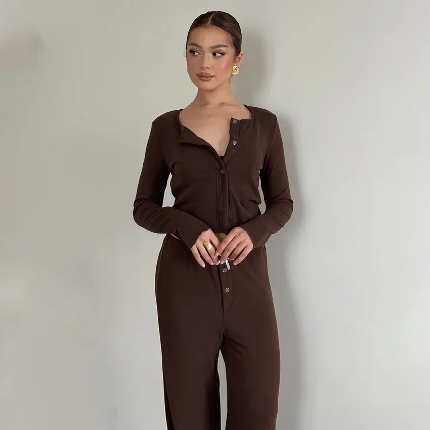Women Luxury High Quality Button Henley Long Sleeve Top Wide Leg Pants Set Elegant Ladies Soft Loungewear Outfit