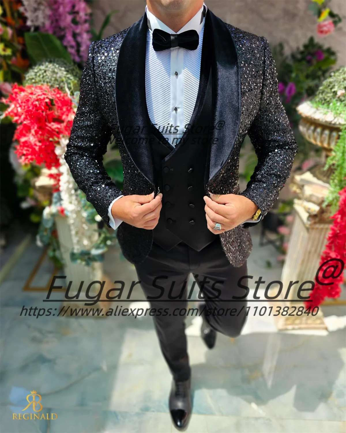 Luxuly Black Shiny Groom Wedding Tuxedos Customized Slim Fit Shawl lapel Men Suits Male Party Blazers 3Pieces Sets Costume Homme