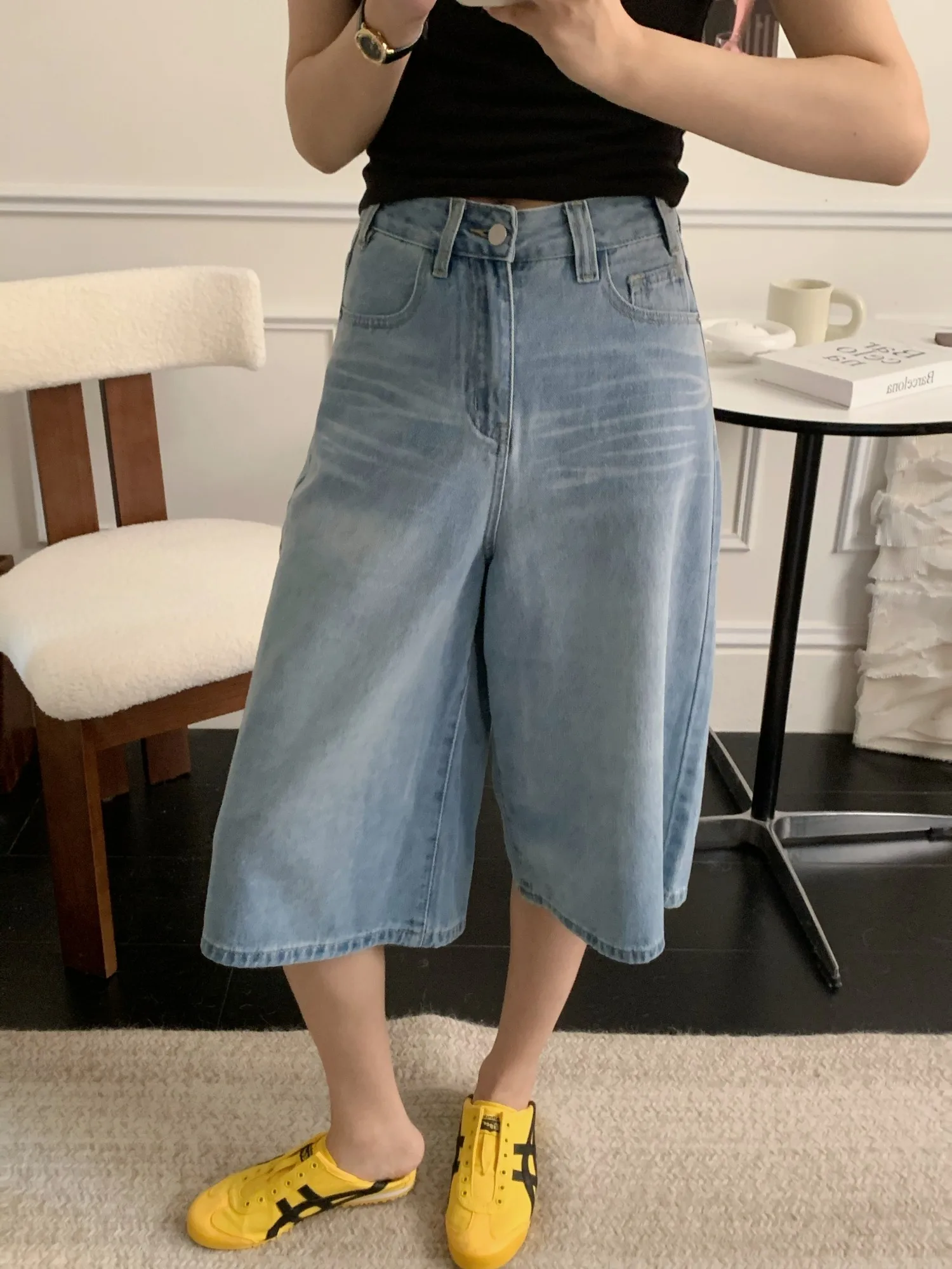 ZHISILAO New Calf-length Wide Leg Jeans Women Vintage Loose Streetwear Light Blue Denim Pants Summer 2024