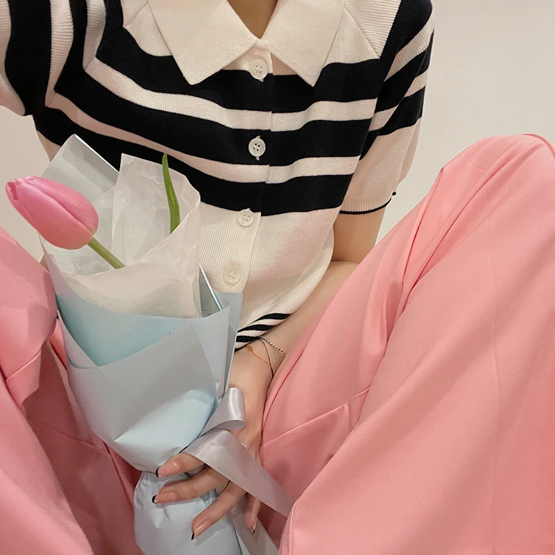 

VIMAS58 Retro Ne Striped Knitwear Soft Touch 42 Cotton Wool Blend Spring Faion Ladies' T-irt Korean Sle Straight...