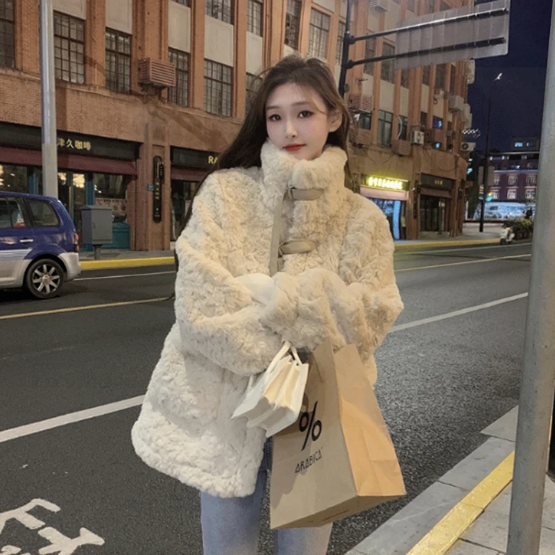 Rimocy Korean Style Lamb Wool Jackets Women 2024 New All-Match Loose Furry Coat Ladies Fashion Streetwear Pockets Plush Coats