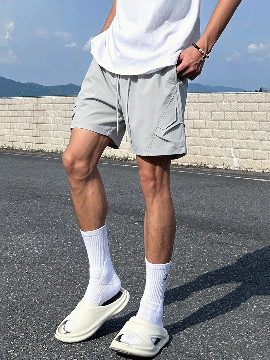 

Quick Dry Light Blue Workwear Shorts Men's Summer American Running Fitness Sports Thin Ice Silk Five-Point Pants