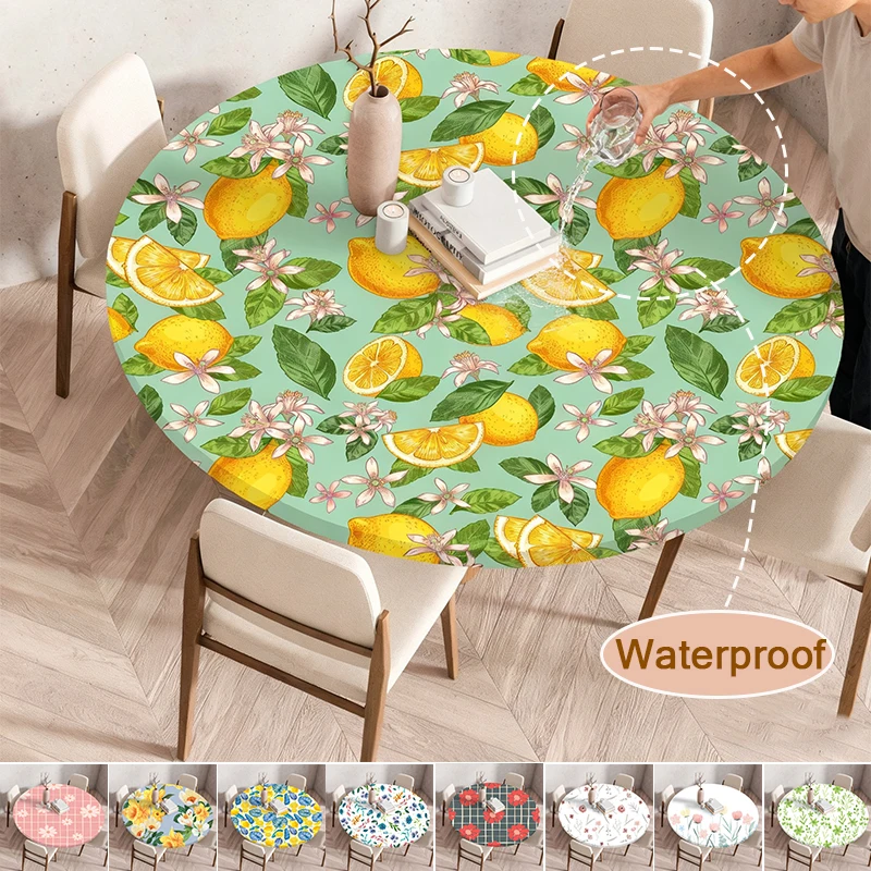 

1pc Round Tablecloth Plant and Flower Patterns Elastic Fitted Home Round Table Cover Waterproof Oil-Proof Reusable Tablecloths