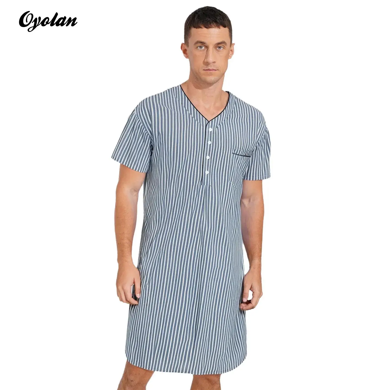 

Mens Jubba Thobe Kaftan Jubba Tunics Muslim Robes Middle Eastern Arabic Stripes V-neck Button Casual Loose Fitting Nightgown