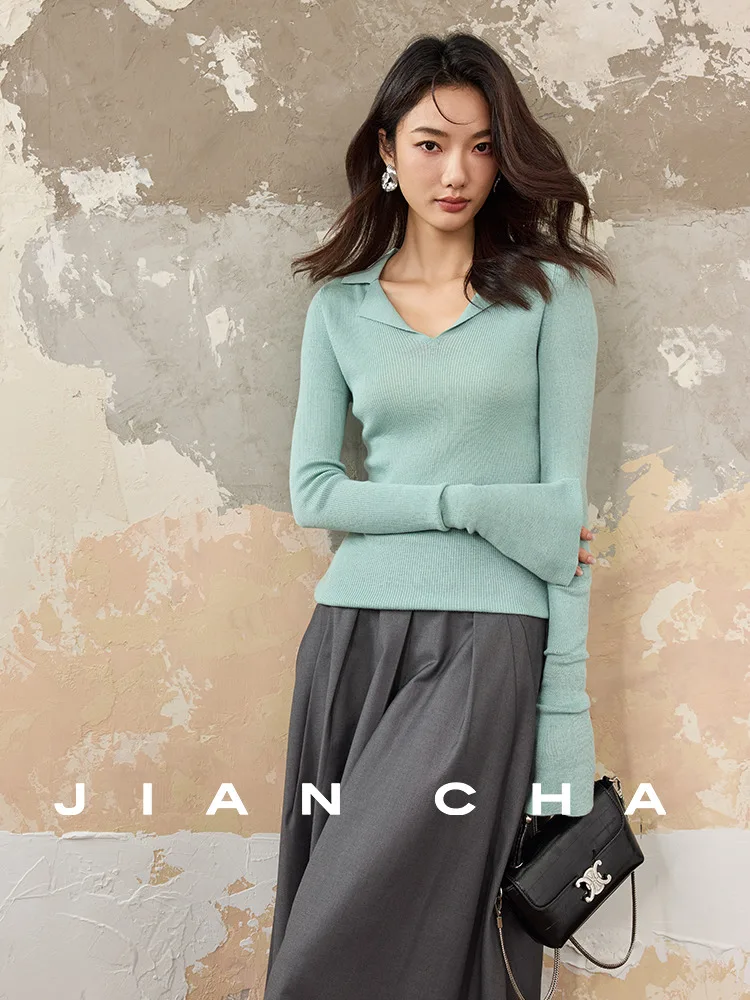 

Jiancha Women's Slim Fit Knitwear Camere Windmill Collar Soft Sle Polyester Acrylic Nylon Wool Silk V-Ne ort Sve