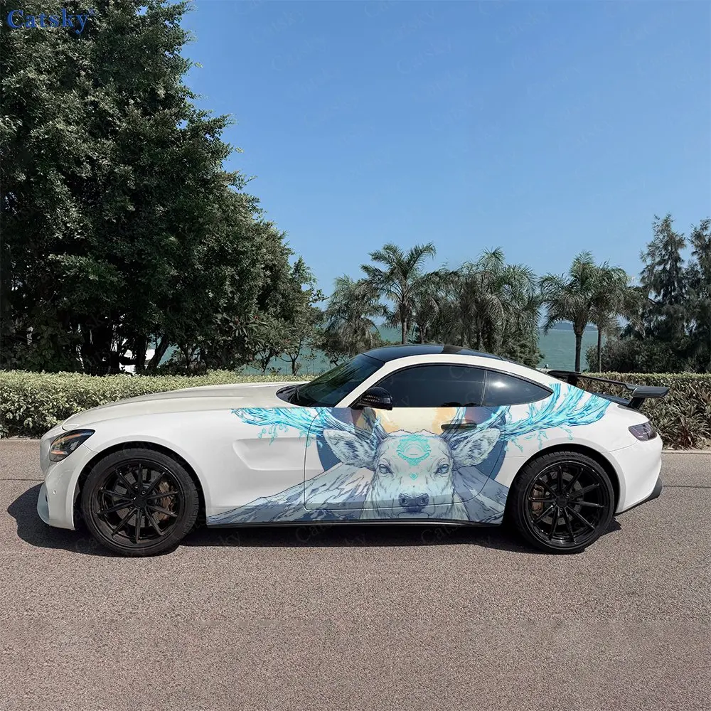 2pcs Snow Mountain Sacred Deer Cloud Car Side Wrap, Self-Adhesive PVC Waterproof & Scratch-Resistant Sticker, Car Accessory Gift
