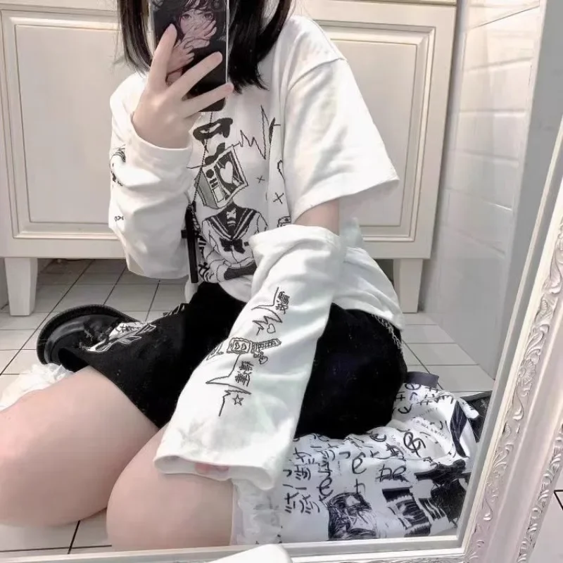 

White Long Sleeve T-shirt Japanese Girl Y2k Anime Spring 2024 Casual Loose Tops Punk Gothic Harajuku Women Subculture Shirts