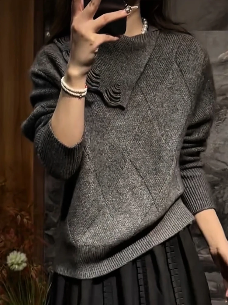 

Вязаный джемпер с воротником в стиле пэчворк Design Sense, осенне-зимняя новинка, большие размеры, стройнящий, универсальный женский топ Snow Dr