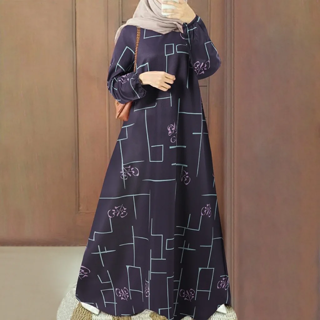 

New Casual Loose Long-sleeved Printed Long Dress For Women, Plus Size Fashion Gown, Factory Wholesale Dubai Luxury Islam Elegant