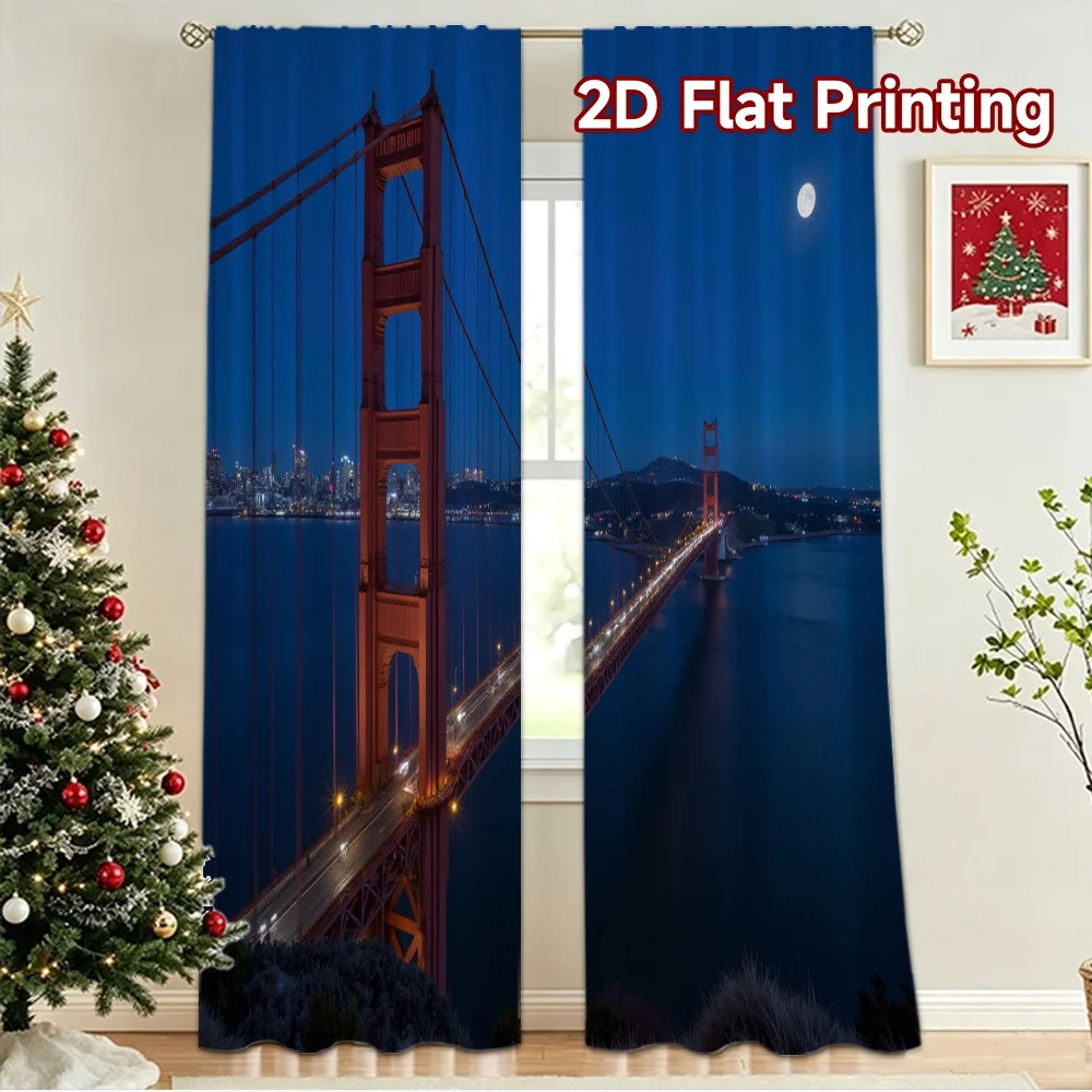 2D flat 2pcs Curtain Retro Country Style Golden Gate Moonlit Night Digitally printed polyester Festive Holiday for Living Room