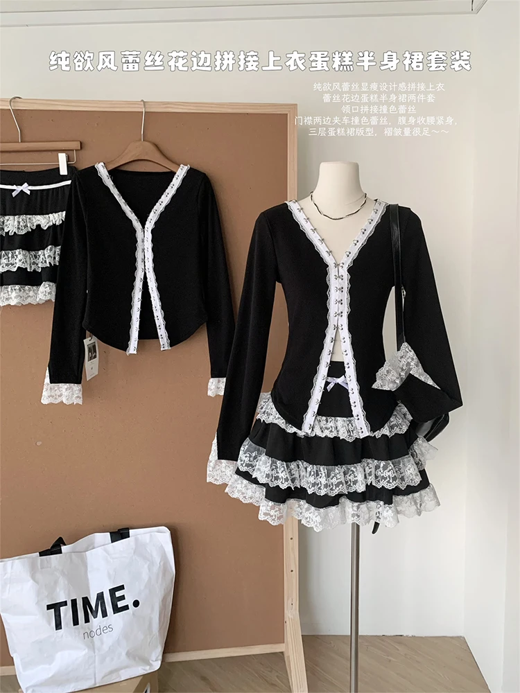 Fall Winter Women Birthday Rave Ballet Core Shoujo Girl 2000s Kpop Outfits 2 Piece Set Long Sleeve Cardigan Tops + Mini Skirts