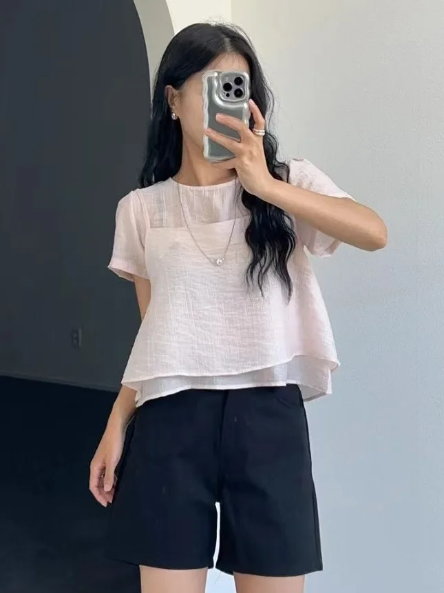 

Корейский текстурный летний шифоновый женский нежный круглый топ Ne Bubble Sve, комплект из двух предметов, многослойный французский слэ...