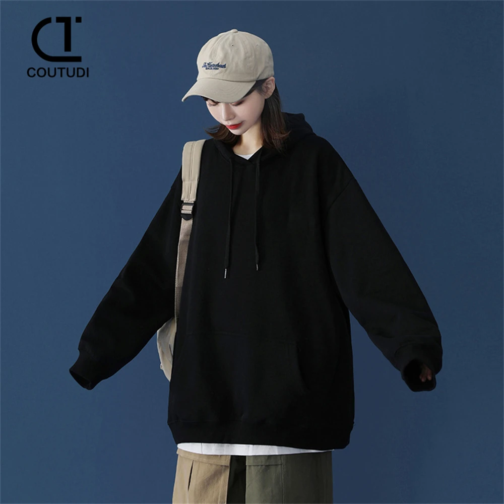 COUTUDI Korean Fashion Hooded Sweatshirt T-shirt Oversize Solid Color Women\'s Sweater Pocket Sports Loose Pullover Tops Hoodies