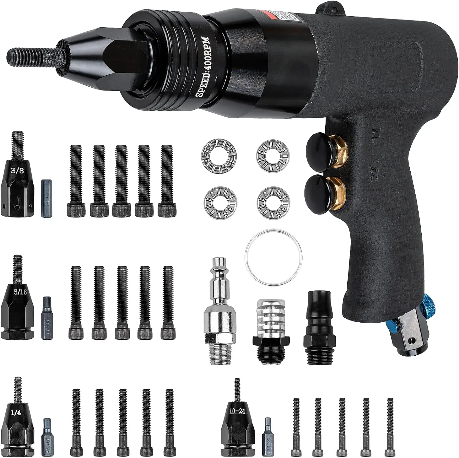 

Pneumatic Rivet Nut Gun Self-Locking Head, Air Rivet Nut Tool Kit with 4 Size Quick-Change, 6pcs Mandrels Included