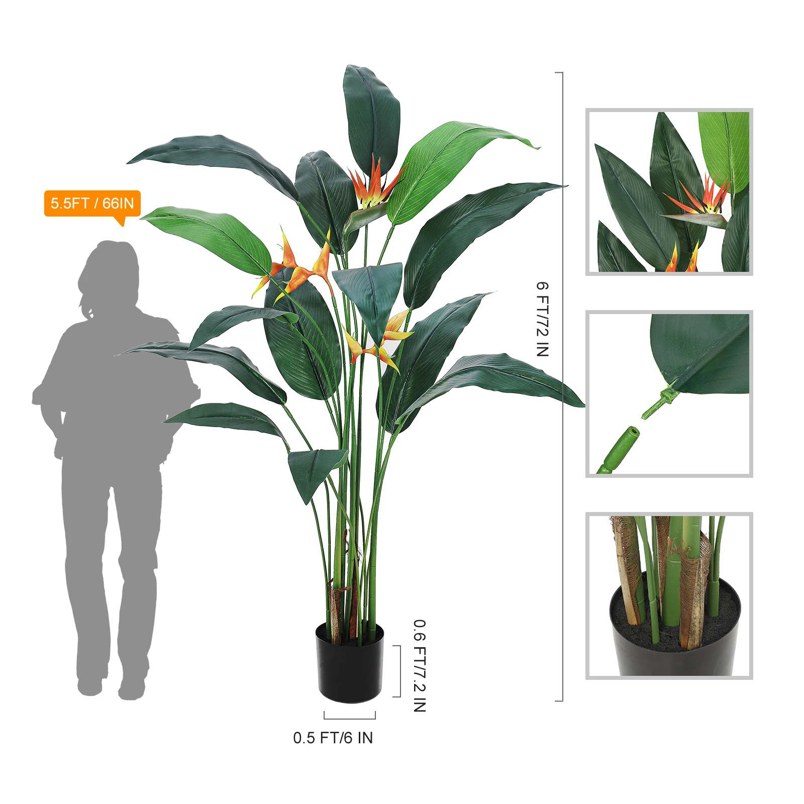 Artificial Bird of Paradise Plant 6FT(72in) Fake Palm Tree for Indoor Outdoor Modern Decor Faux Plants for Home Office