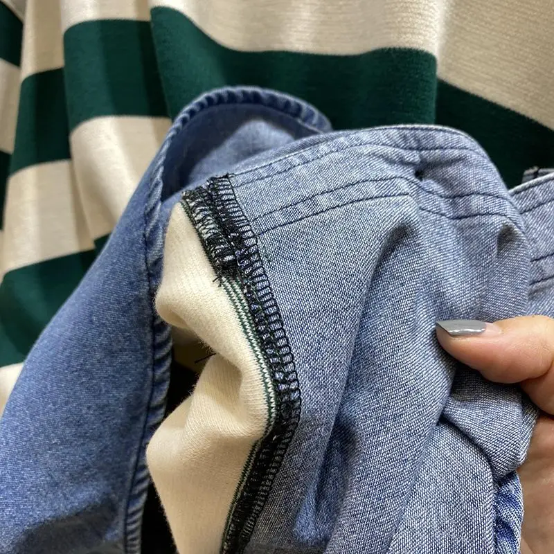 Sudaderas de manga larga con cuello vuelto para mujer, jerséis de dos piezas falsas de Color de contraste a rayas, Tops de moda, primavera y otoño,
