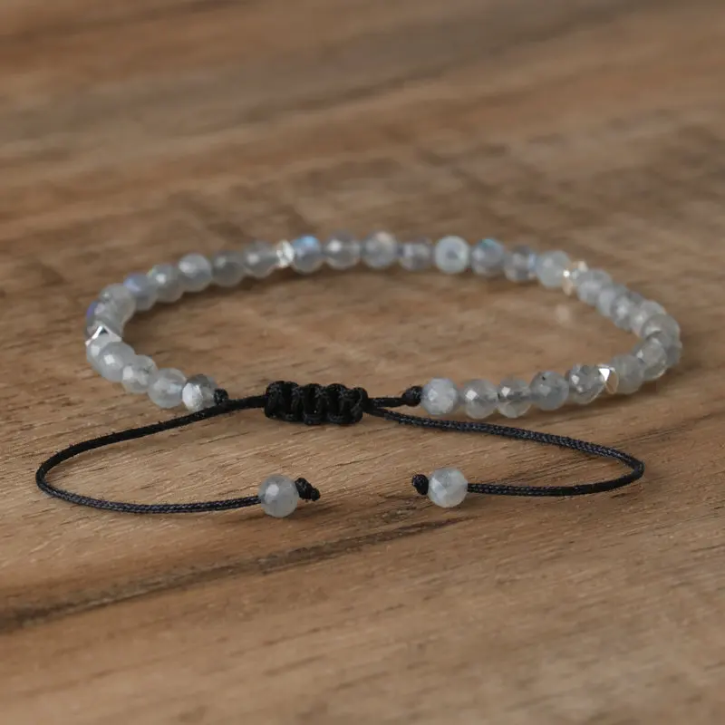 1 PC Bohemian 4mm Natural Stone Gray Moonstone Bracelet Adjustable Yoga Healing Crystal Charm Bracelets for Women Jewelry