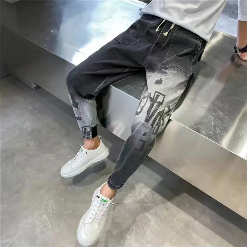 

Jeans for Men Cropped Black Trousers with Print Harem Male Cowboy Pants 2024 Trend Buggy Oversize Cheap Spring Autumn Original