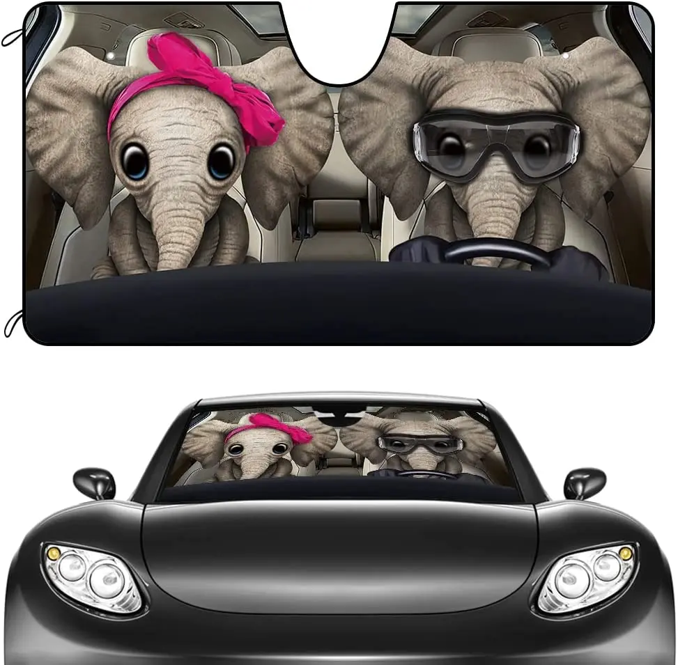 

CafeTime Car Front Windshield Sunshade Elephant Couple Decor Vehicle Sun Shade Visor UV Ray Reflector Sun Protector, Keep Vehicl