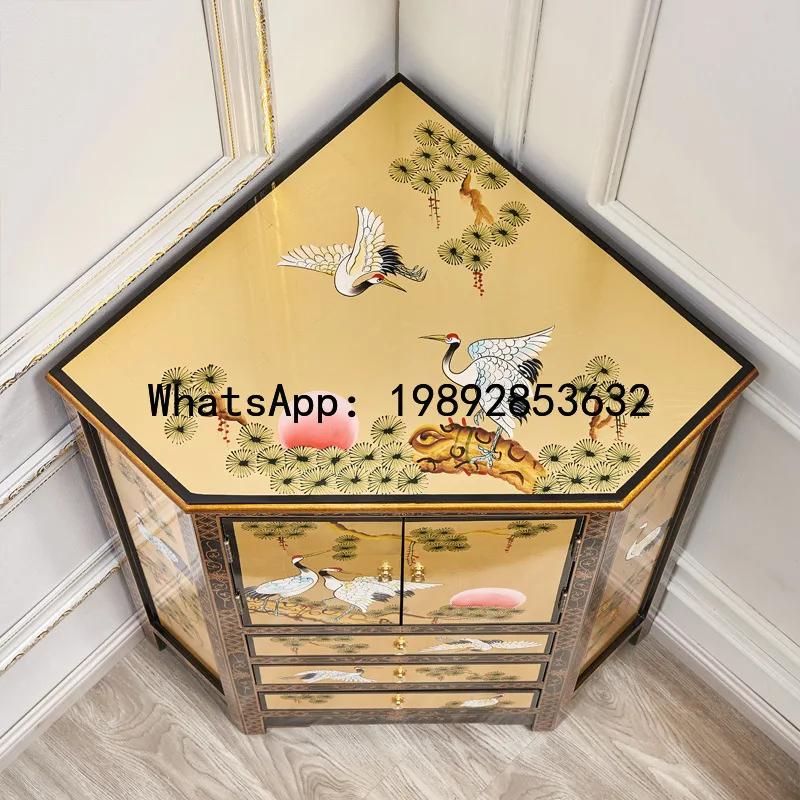 XL Beautiful Corner Cabinet Ming Qing Gold Foil Wall Pine Crane Longevity Storage Cabinet Triangle Side Cabinet