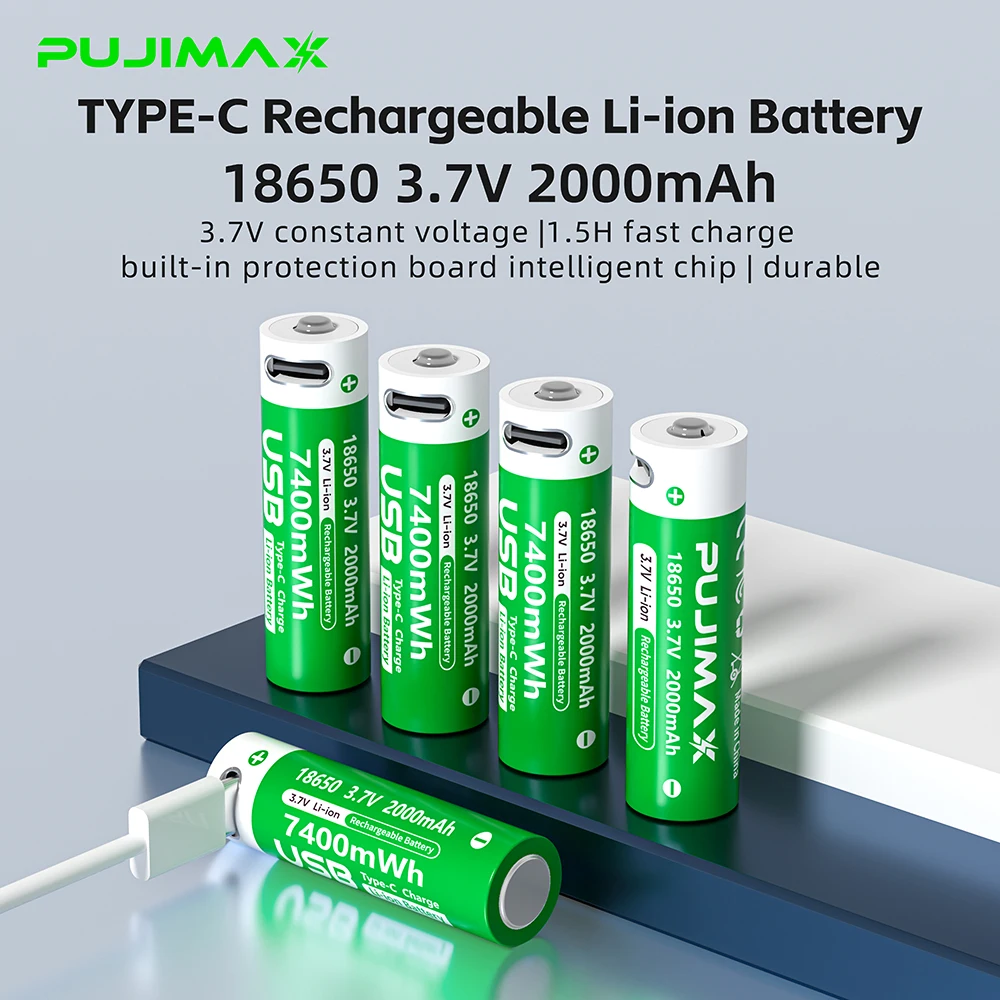 

PUJIMAX 1-24pcs 18650 Battery High Power 2000mAh 3.7V TYPE-C Rechargeable 18650 Lithium Batteries for Flashinglight Vaping