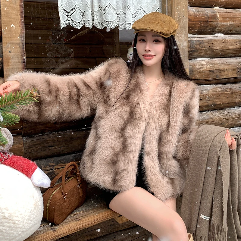 Women's Faux Fur Blended Fur Fall/Winter Long Sleeve V-Neck Korean Clothing Winter Wear Slim Fit Fashion Women Coat 3