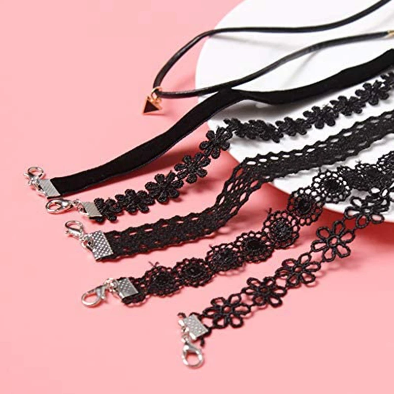 6 PCS Choker Set Choker Necklaces Black Velvet Choker Set Classic Gothic Tattoo Lace Chokers Women Girl Jewelry