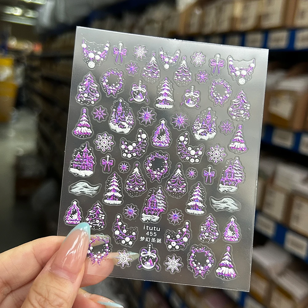 1pcs Glitter Snow Christmas Tree Nail Decals Laser Gilded Crystal Ball Wreath Castle Nail Stickers Self-Adhesive Manicure Slider
