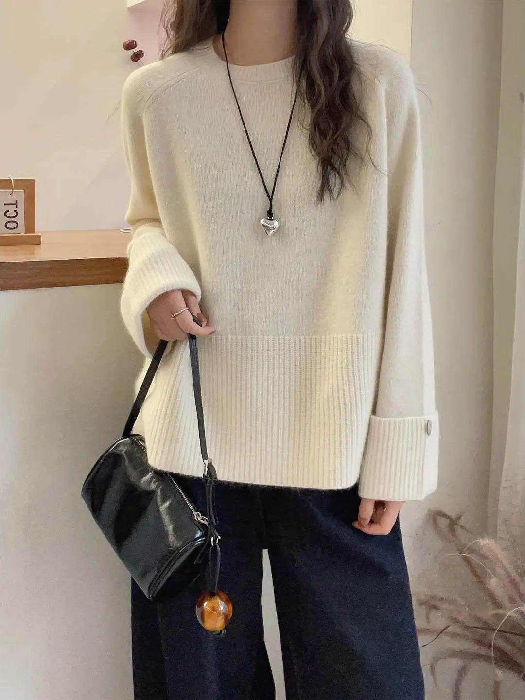 

Soft Cozy Women's round Ne Knitwear Sve Cuff Roll Autumn Winter Inner Wear Base Layer Loose Fit Comfortable Warmth