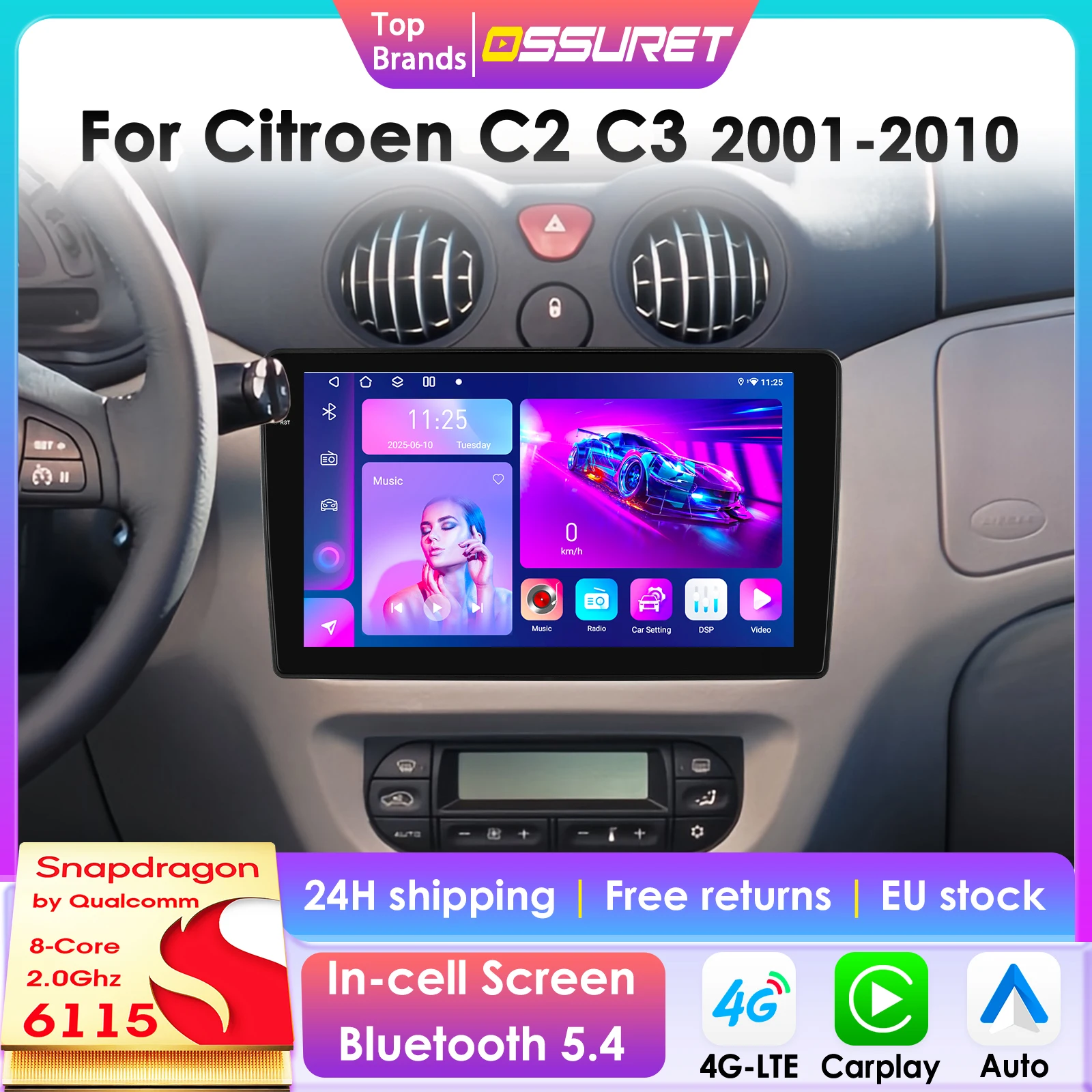 Autoradio Android 14 2Din con Snapdragon 6115 per Citroen C2 C3 2001-2010, CarPlay Wireless, Android Auto, 4G, BT, GPS, DSP, Telecamera 360°