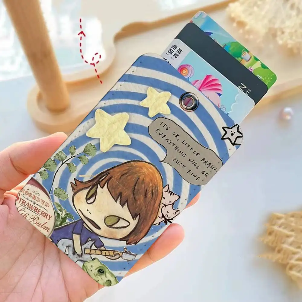 Yoshitomo N-Nara 長方形 ID カードケース キーホルダー アクセスカードバッグ キータグリング レザーカードホルダー キーリング アクセス