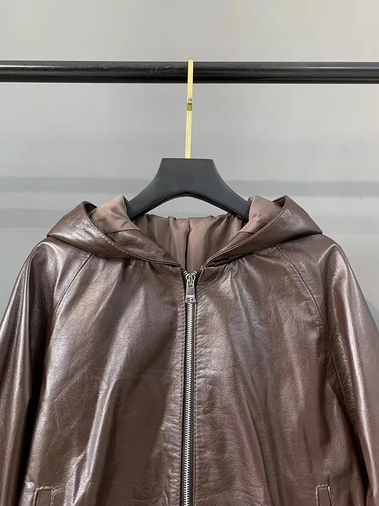 Giacca da donna in pelle di vacchetta cerata olio di alta qualità Autunno nuovo cappotto corto con cappuccio Cerniera Cappotto da donna retrò Giacche casual in vera pelle