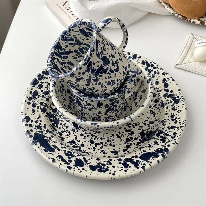 Naval Blue Enamel Breakfast Bowl Korean Style Dining Utensils Plate Coffee Cup Popular Ins Style Oats Yogurt Breakfast Bowl