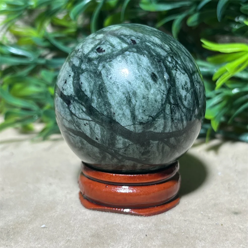 40-45mm Natural Green Black Stripe Jade Sphere Ball Crystal Healing Stone Quartz Reiki Minerals Beauty Home Decoration + Stand