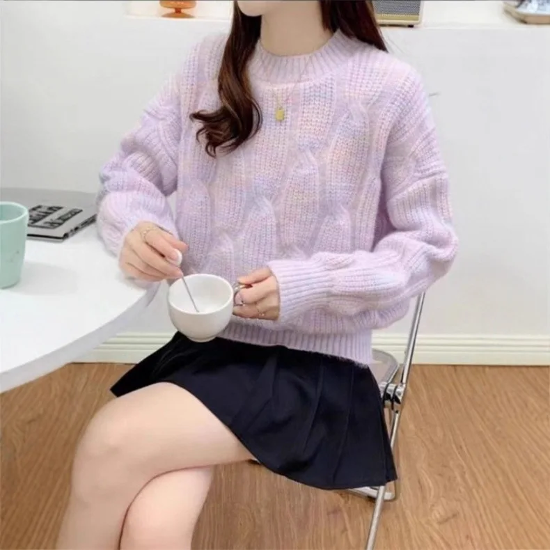 

Autumn Winter New Style Rainbow Color Knit Shirt Loose Women's Pullover Sweater round Neck Twisted Knitwear Soft Comfortable