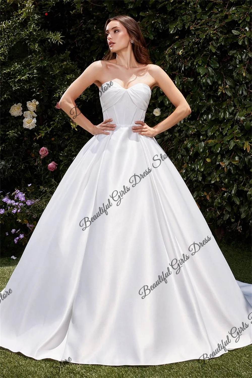 

Satin Sweetheart Pleated Corset Brides Wedding Dresses Ball Gown Backless Formal Prom Gowns Sleeveless A-line Long Evening Gowns