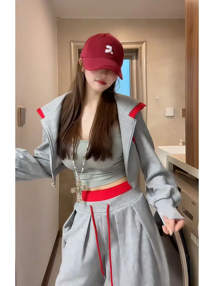 レトロアメリカンレタープリントThiened Fceレディースカジュアルパンツハイウエストストレートレッグワイドレッグパンツ秋冬新作...