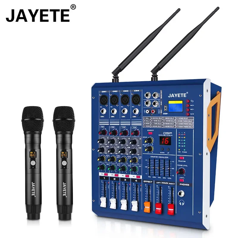 

Audio DJ Console Mixer USB Sound Card with 2 Channel UHF Wireless Microphone for Home Studio Recording DJ Network Live Karaoke