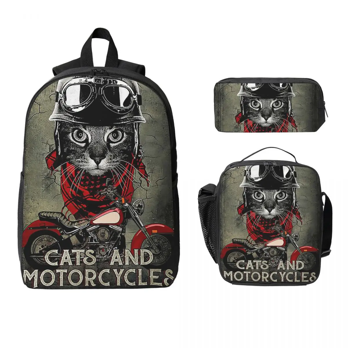 

Easily Distracted By Cats And Motorcycles Cat Biker Backpack Boys Girls BookBag School Bag 3ps Insulated Lunch Bag Pencil Case