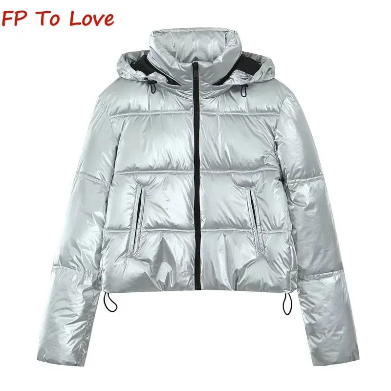 

Y2K Metallic Warm Breadsuit Cotton Short Jacket PB&ZA Woman Silver Winter Long Sleeve Thick Jacket 3046204