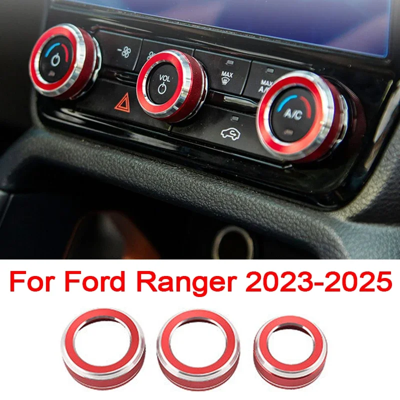 3pcs Car Dashboard A/C Volume Adjust Knob Decoration Ring For Ford Ranger 2023-2025 Interior Accessories Trim Cover
