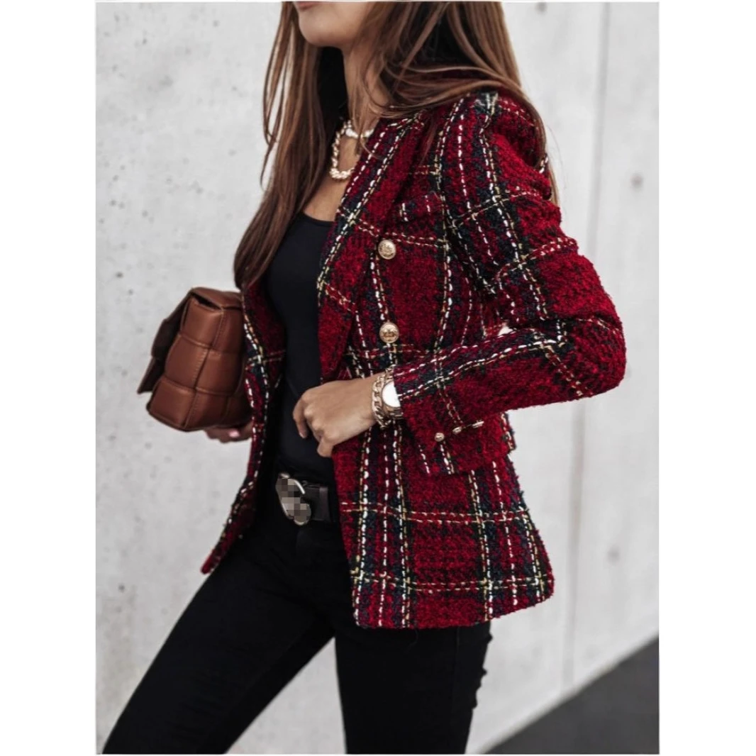 Autumn Winter Long Sleeve Double Breasted Suit Collar Printed Small Jacket Women's Fashion Retro Style Polyester Slim Fit